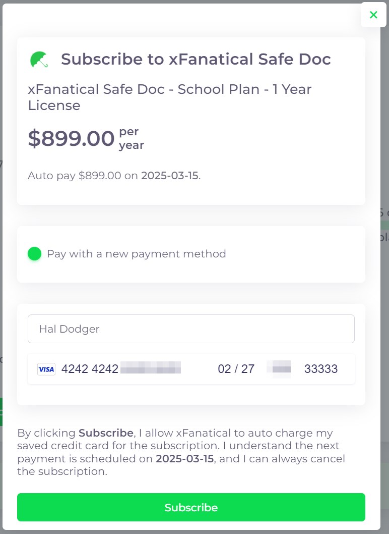 subscription dialog to renew xFanatical Safe Doc annual license if you have an unexpired annual license