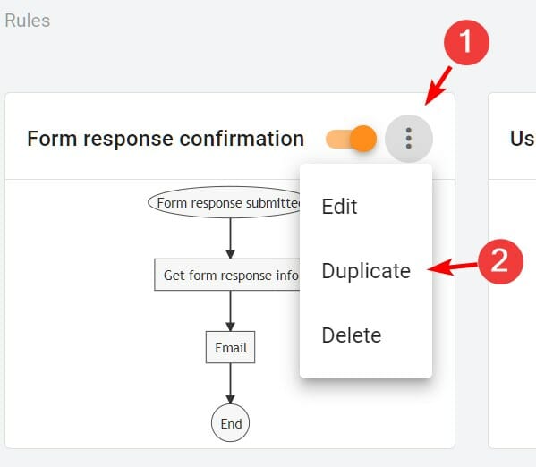 xFanatical Foresight can allow you to duplicate a rule. Click the 3 dot menu and select Duplicate.