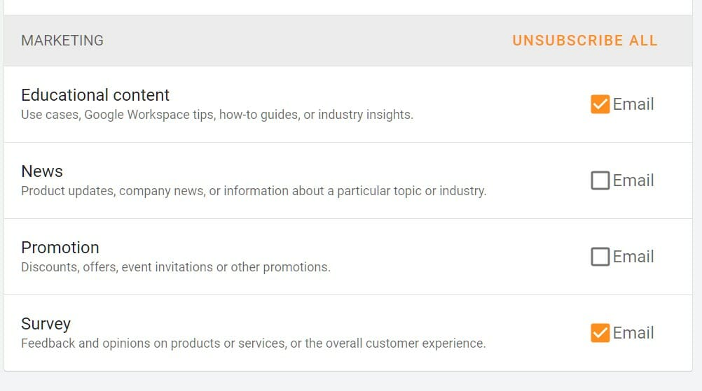 The marketing email interest settings. Users can untick the checkboxes to unsubscribe marketing emails from xFanatical regarding Foresight.