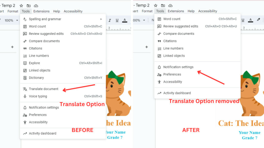 Disable Translating Document in Google Docs