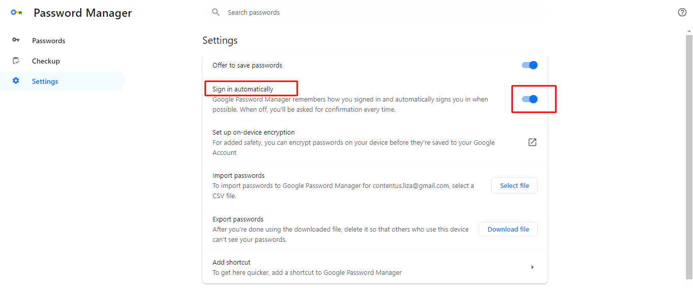 Gmail sign-in using Google Password Manager