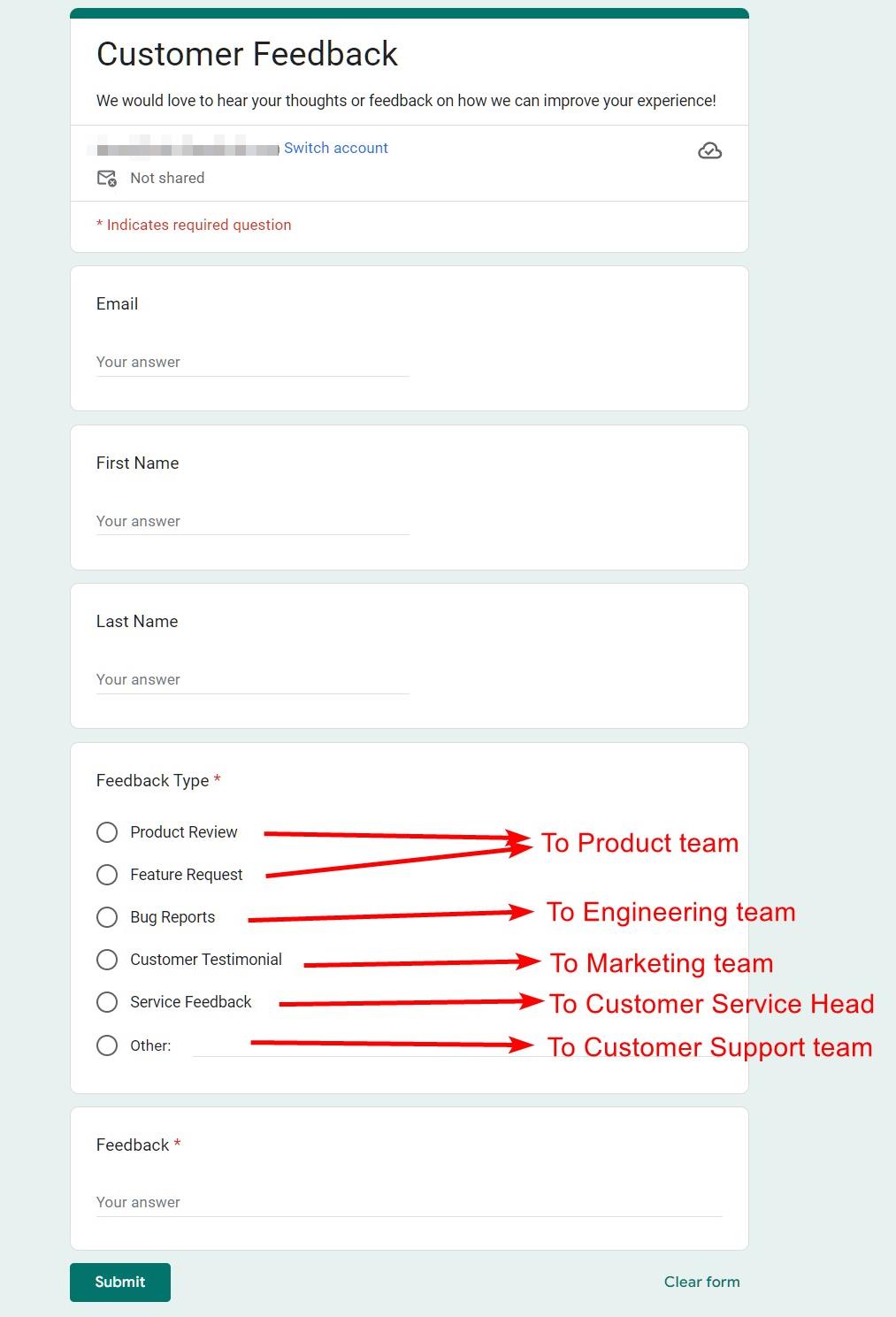 A sample Google Form to collect customer feedback on different types