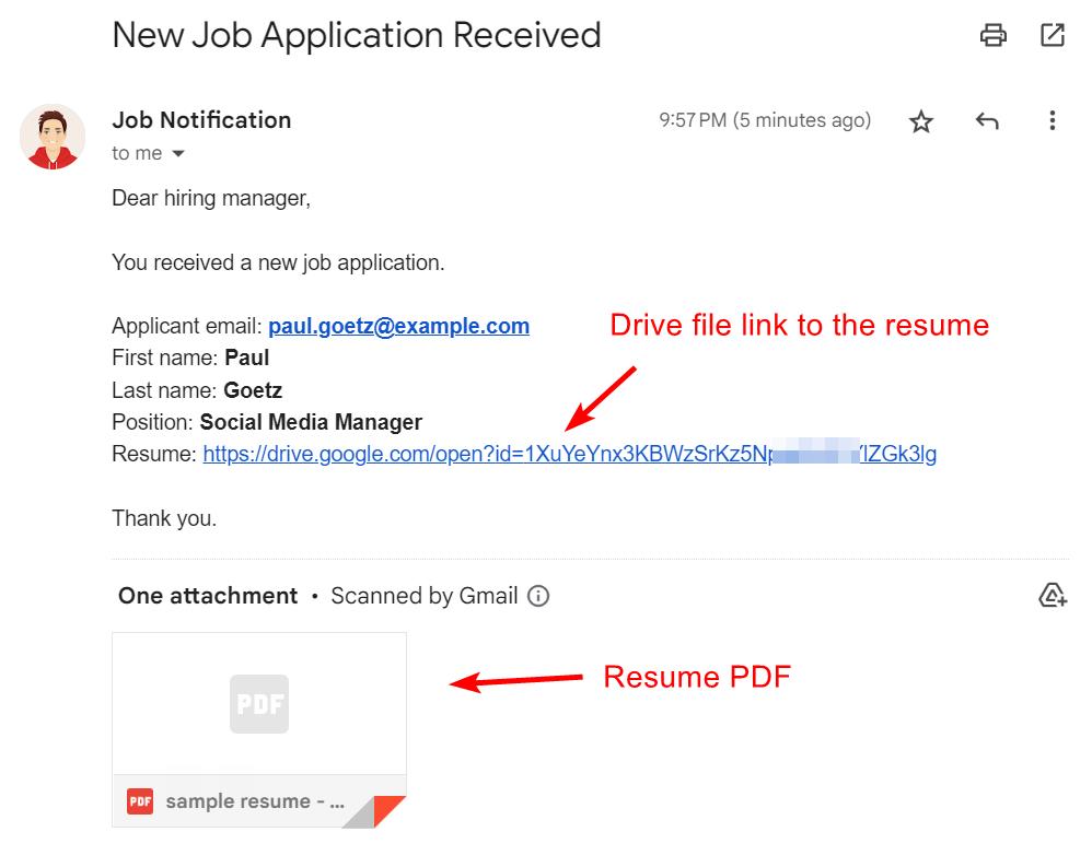 Automated email notification to a hiring manager with the resume file attached, when a job applicant submits a response in a job application Google form