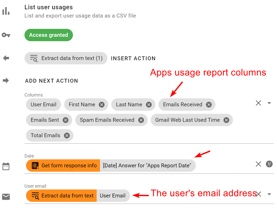 Edit actions  List user usages screen