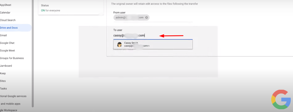Enter the email address of the new owner in the To user field and select that user from the results