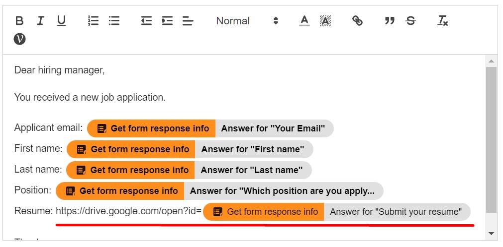 In our example, the variable name is Answer for Submit your resume.
