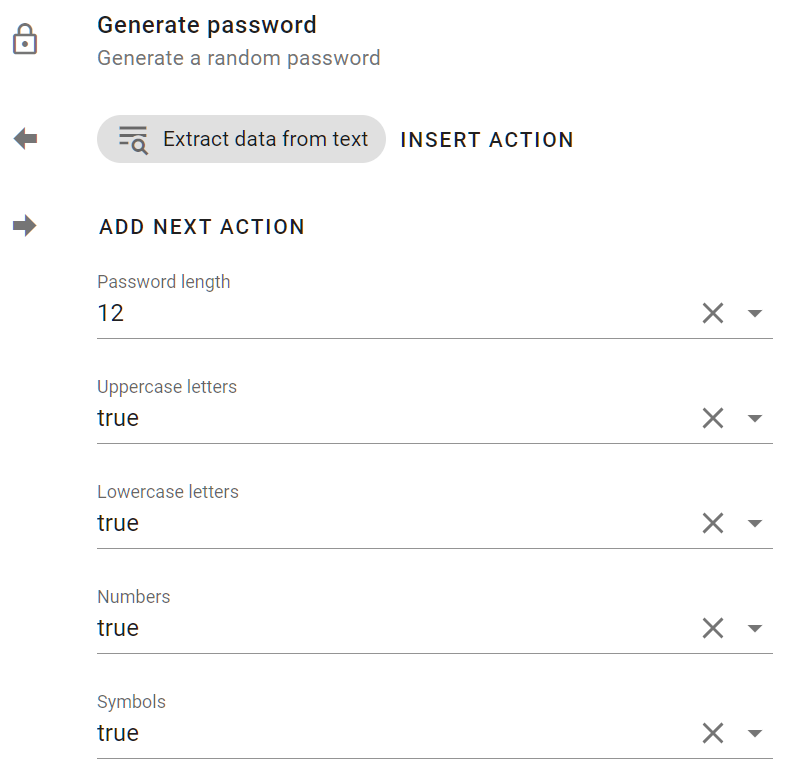In the Edit actions  Generate password screen, keep all the fields at their default settings.