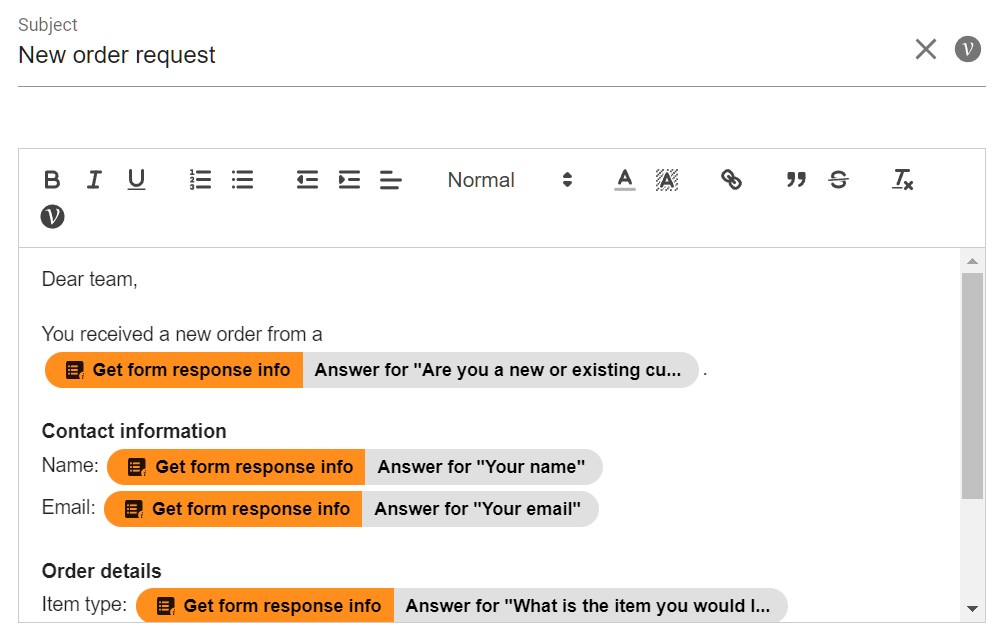In the Email body, compose an email template to the internal form collaborators