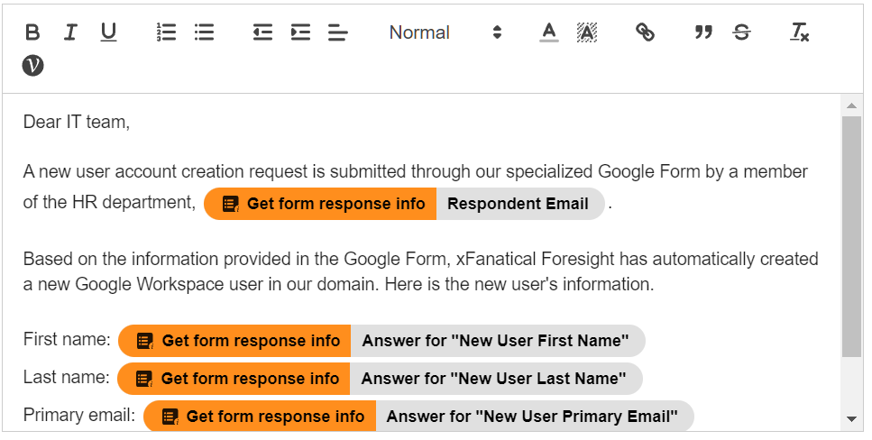 In the Email body, enter the email template for acknowledgement of new user creation to the form owners and editors