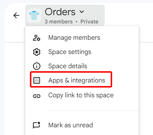In the space, click the space name and select Apps & Integrations.
