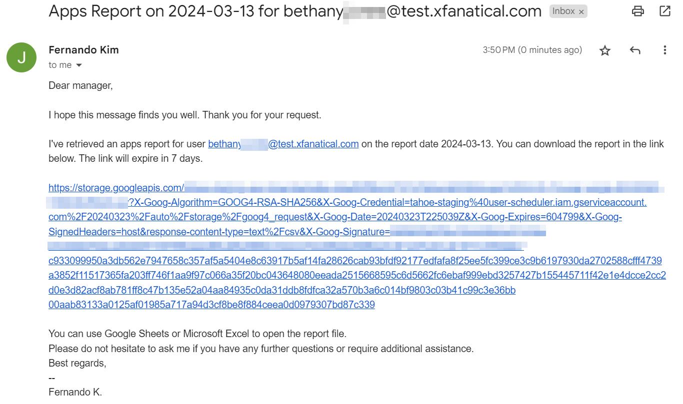 The automated email was sent to the manager by xFanatical Foresight