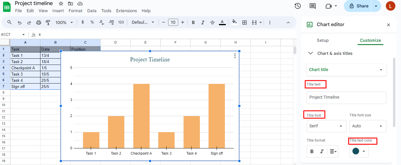 Customizing the title for Google Sheets project timeline template