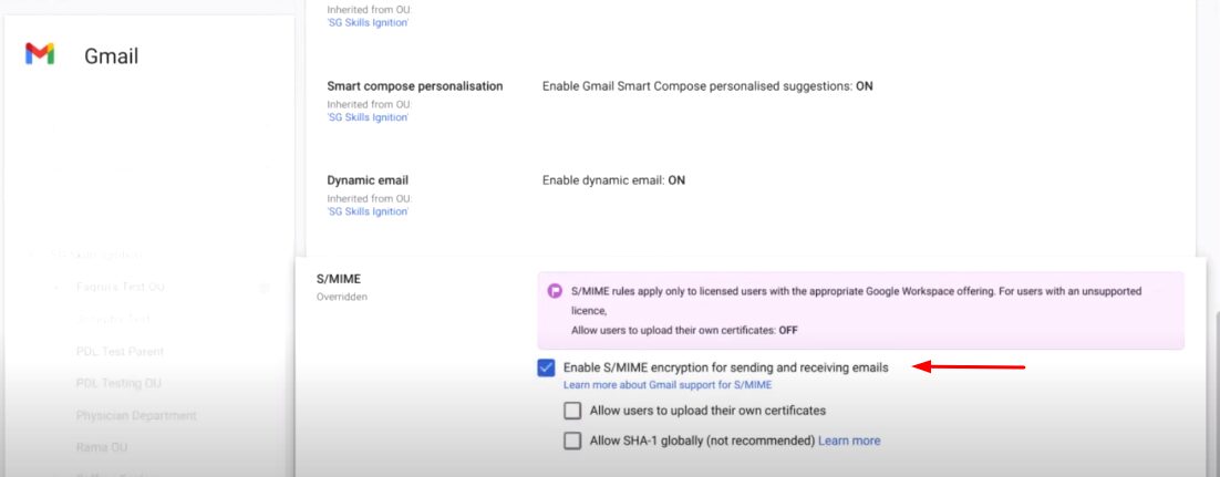 Enable SMIME encryption for sending and receiving emails