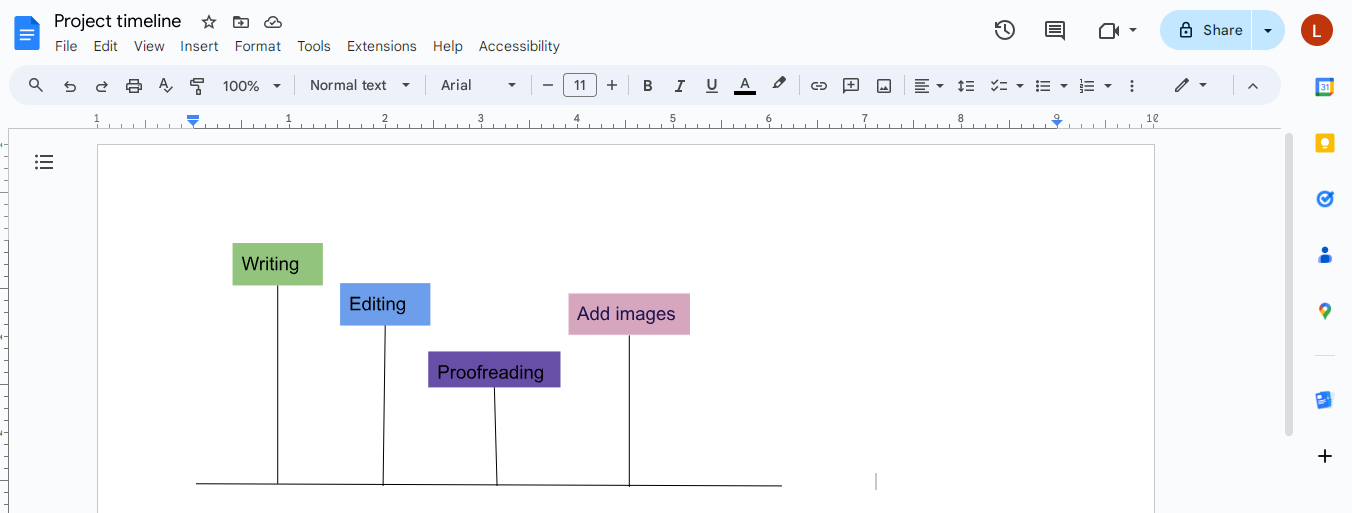 Final view of for timeline in Google Docs
