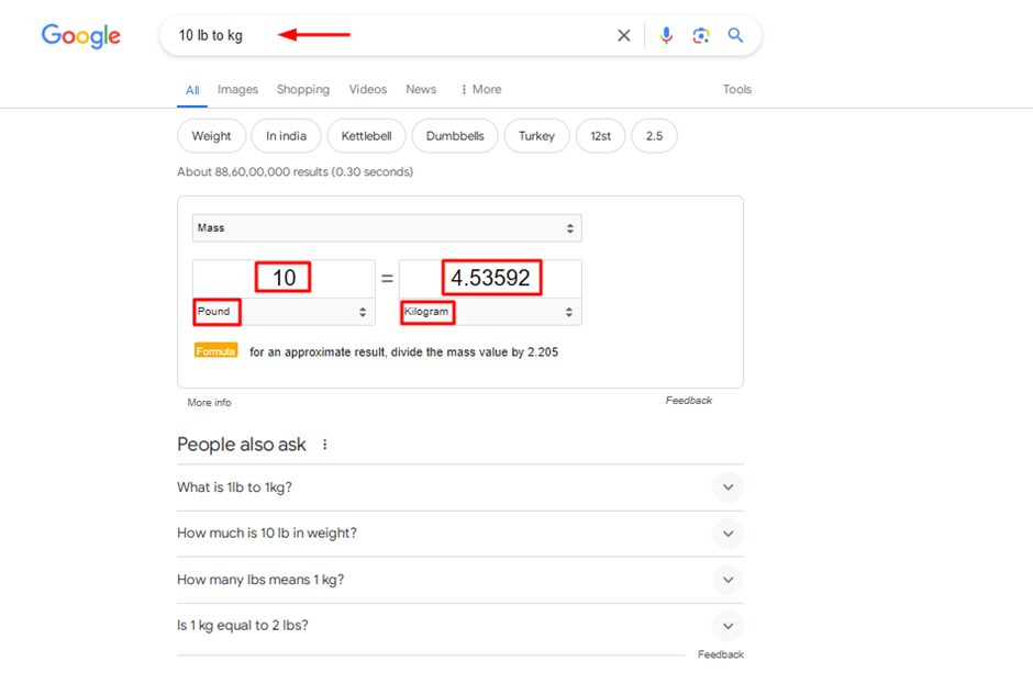 Google search tricks to convert one unit to another
