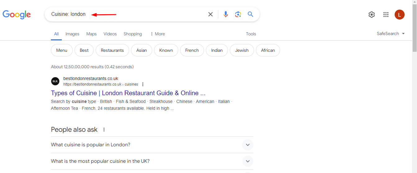 Google search tricks to find cuisine of a place