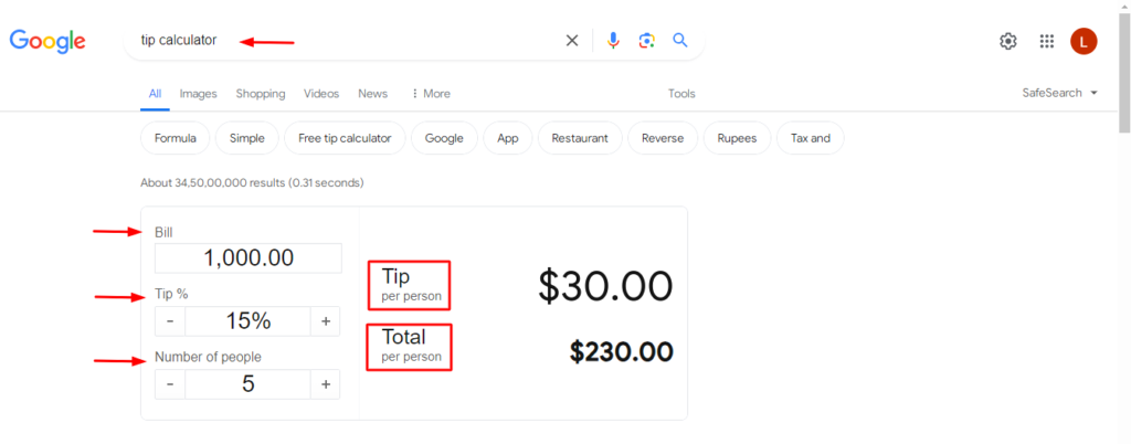 Google search tricks to use tip calculator
