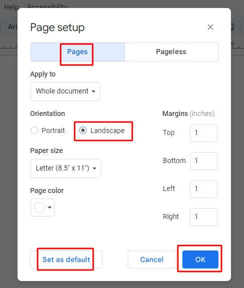 Select Pages Landscape Set as default OK for timeline in Google Docs