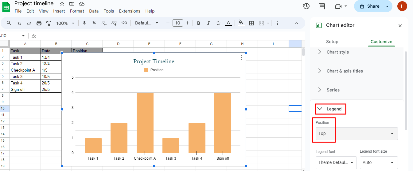 Use Legend option for positioning title for Google Sheets project timeline template