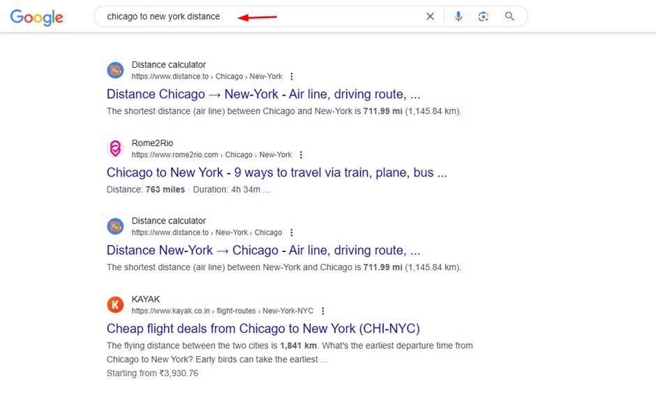 Find the top search results with distance and flight options of the target place using Google search tricks
