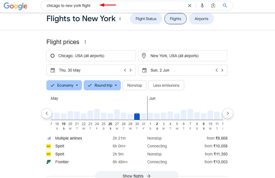 Google displays flight options for that place
