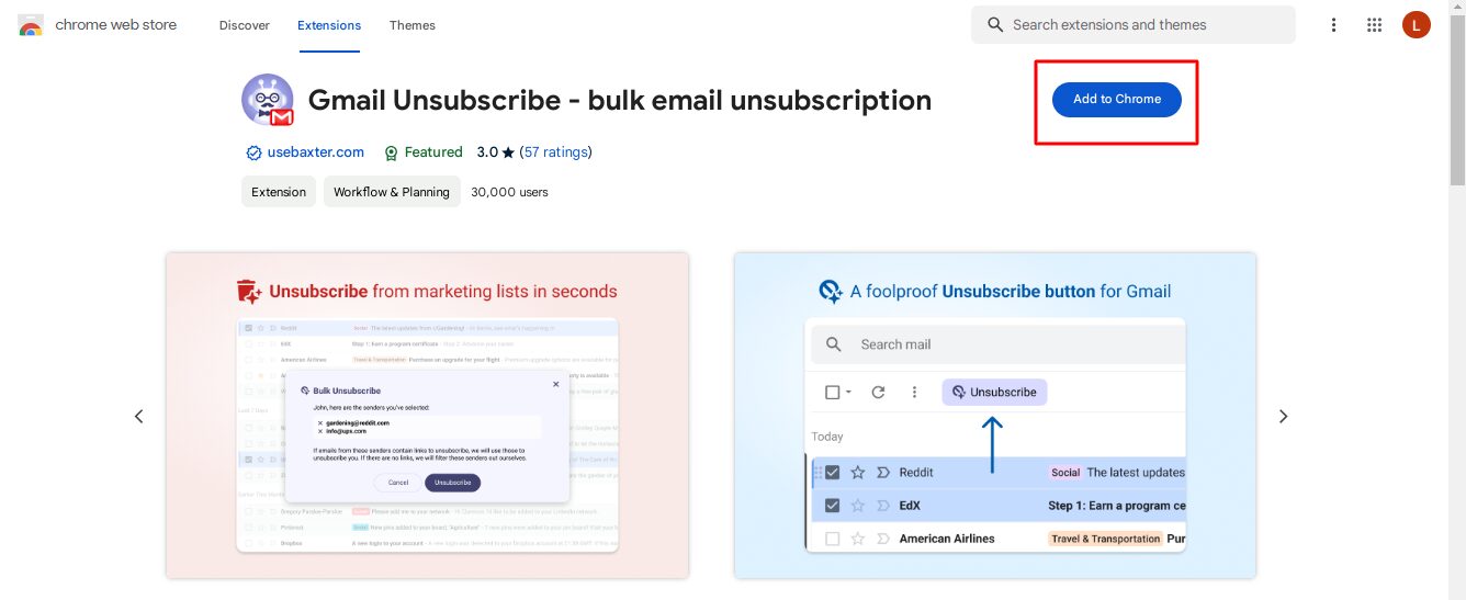 Click on Add to Chrome to add the Gmail Unsubscribe - bulk email subscription extension